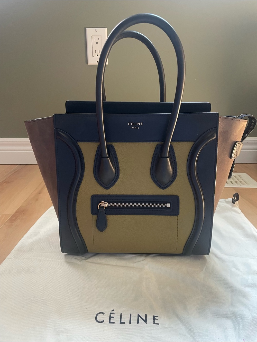 Celine Tricolor Mini Luggage Tote - Olive, Navy & Brown